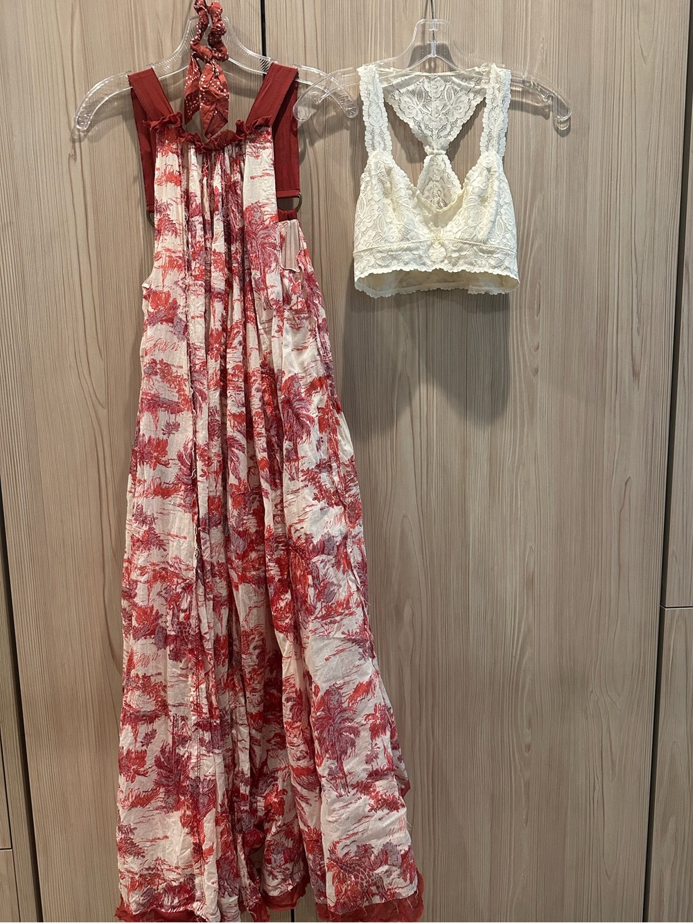 Free People Cream Maxi Dress XS Red Toile Print + Bralette + Matching Scrunchie - Picture 4 of 12